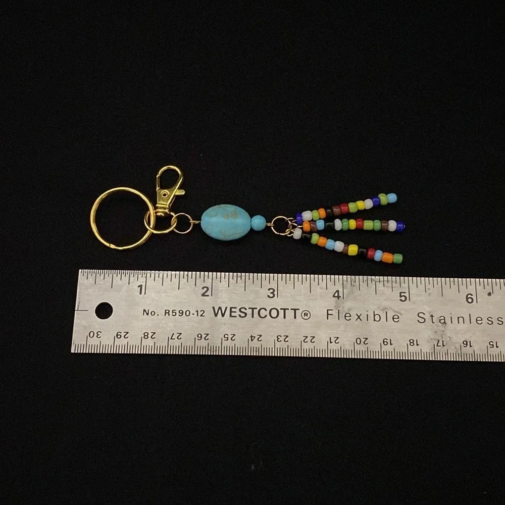 HANDCRAFTED Goldtone Keychain w/Turquoise Magnesite Gemstones & Glass Seed Beads